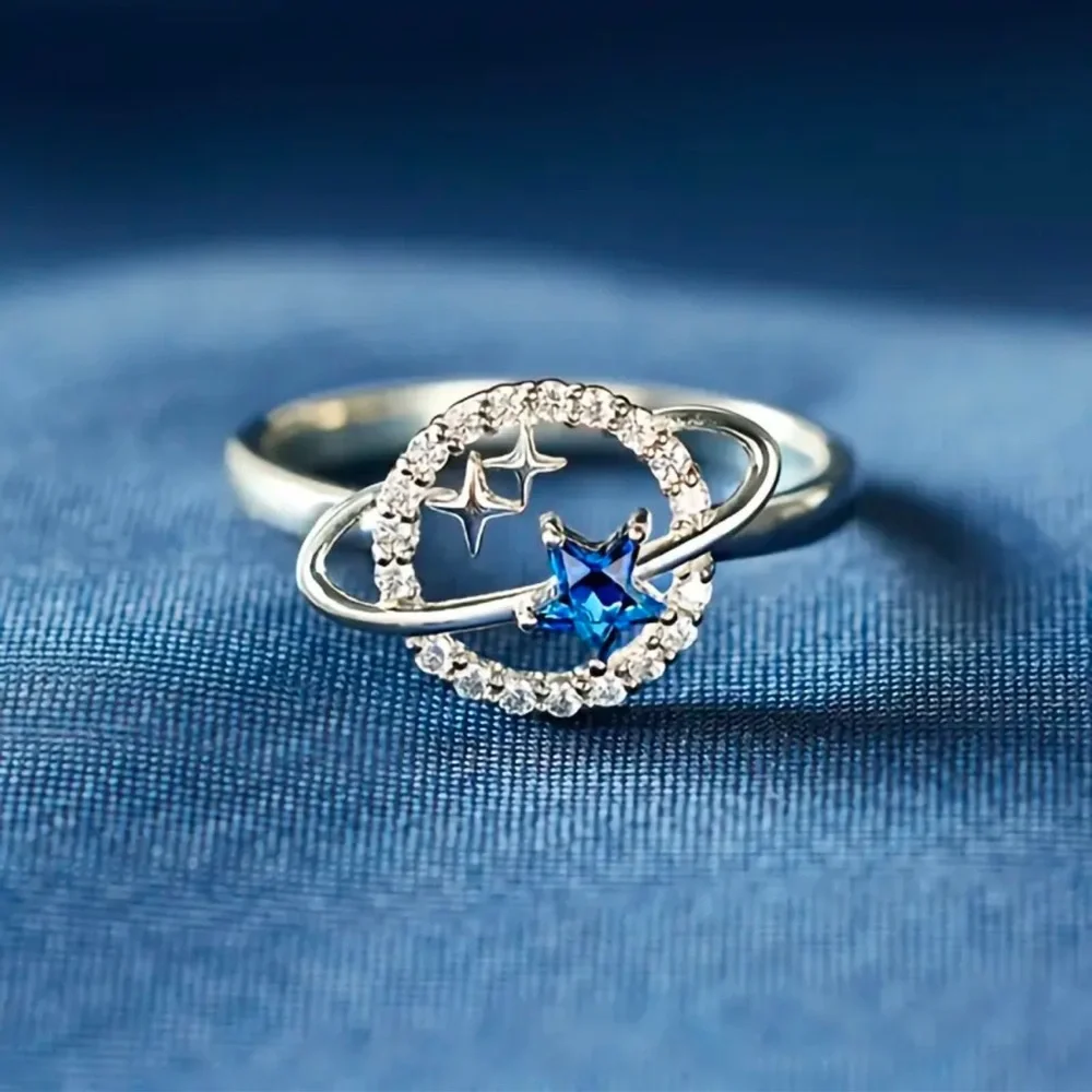 Star and Moon Ring, Planet and Star Ring, Cubic Zirconia Star and Planet Ring